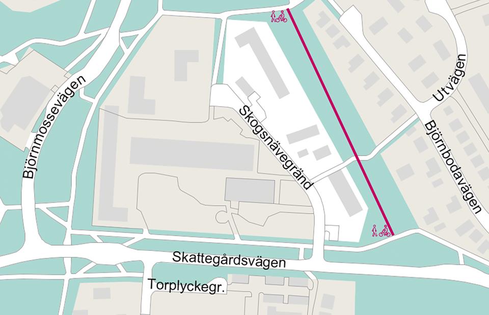 Karta över området  där ny gång- och cykelväg är utritad.